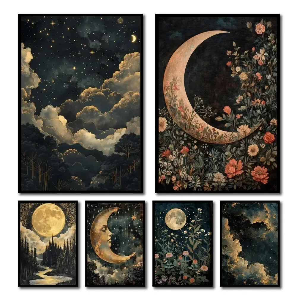 1pc Crescent Moon in Starry Night Sky Folk Art Floral Moon Stars Canvas Print Eclectic Decor Vintage Nature Wall Art Moody De