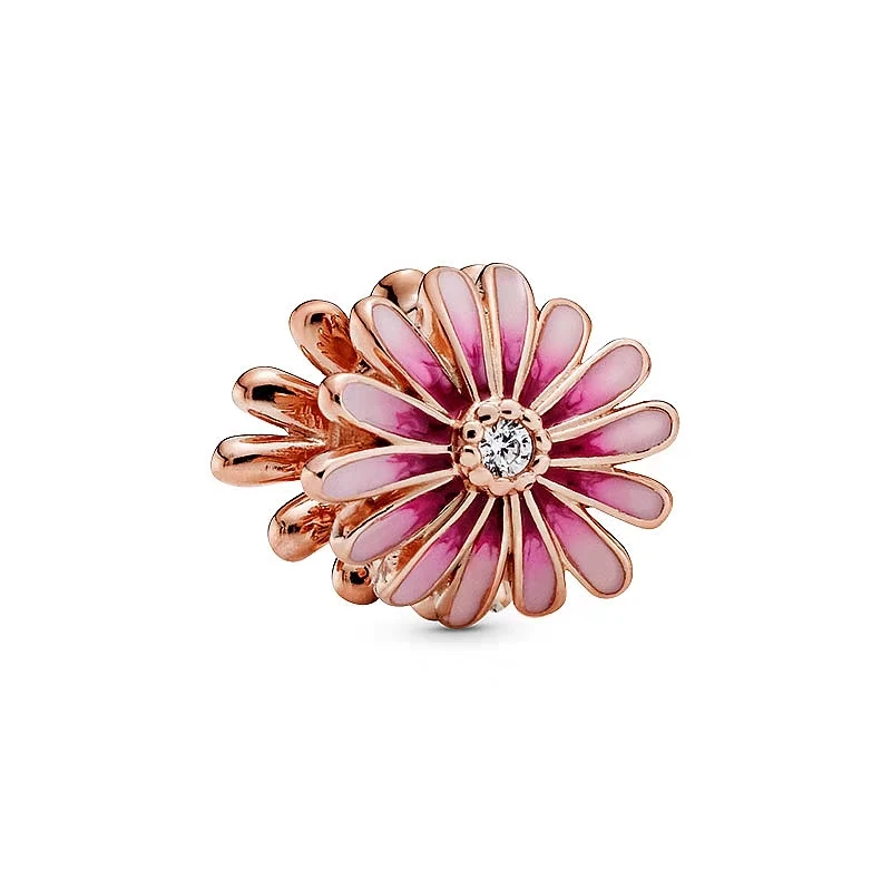 New rose gold pink daisy charm fit pandora bracelet zircon beads 925 sterling silver woman luxury jewelry pendant gift making