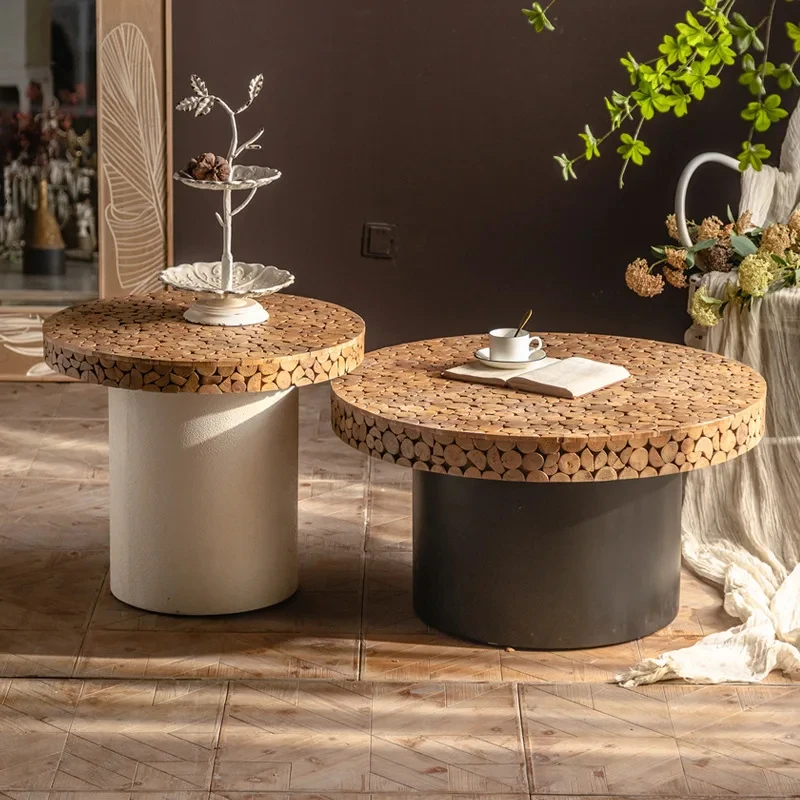 

(Sea shipping)Log round coffee table light luxury hotel living room dark edge table casual coffee table set wholesale