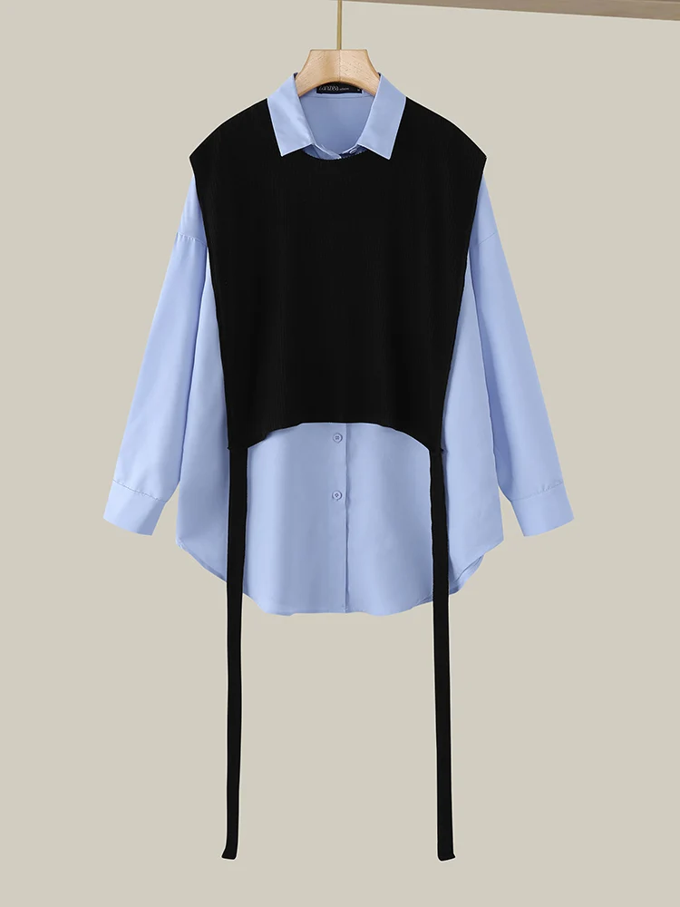 

ZANZEA Fashion Women Colorblock Tessel Tops 2025 Autumn Fake Two-piece Shirt Casual Long Sleeve Tunics Blouses Office Streetwear
