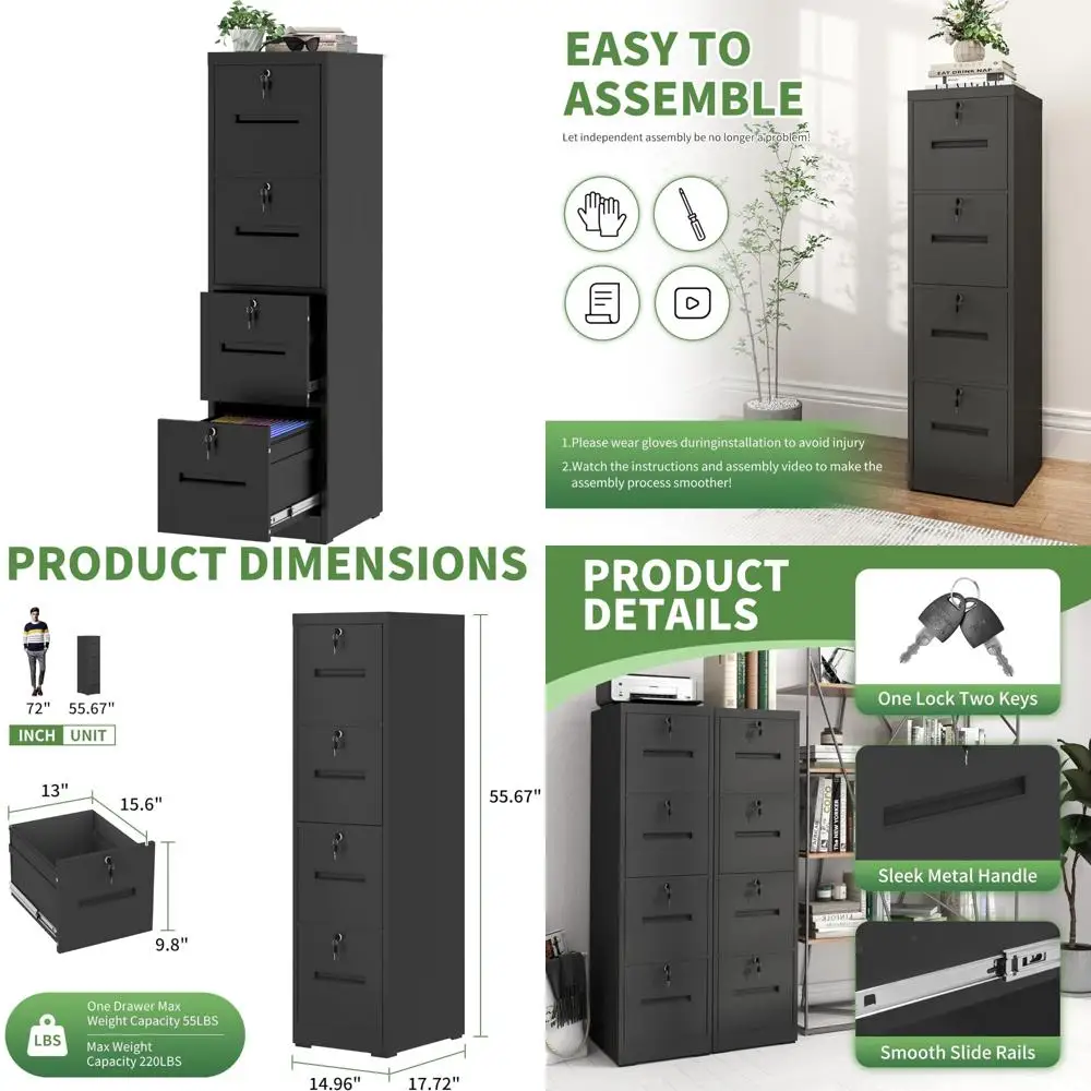 

Вертикальный металлический стальной картотечный шкаф с 4 ящиками и замком для домашнего офиса, подходит для файлов формата Letter и Legal