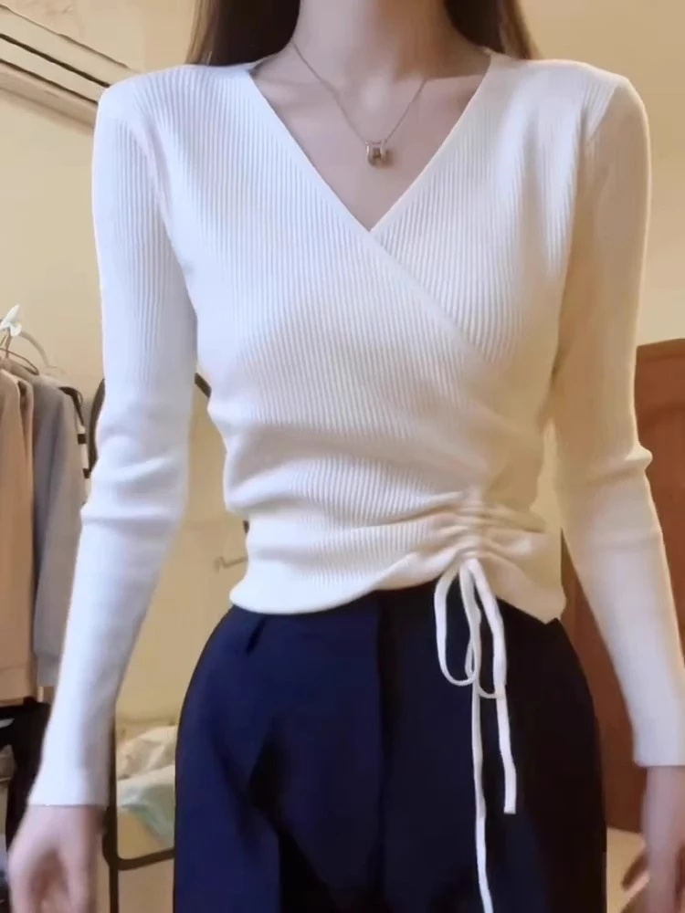 

Белый вязаный топ V-Ne Long Sve Ранняя осень Базовый слой с высокой талией Уникальный красивый ор Sle Модная внутренняя одежда