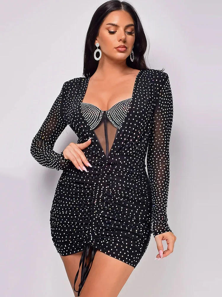 

Sexy Drawstring Mesh Rhinestone Birthday Party Short Prom Bodycon Dress Luxury Long Sleeve See Through Night Club Mini Dresses