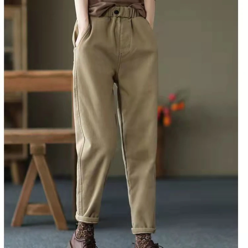 Autumn Winter Plus Velvet Thick Pants for Women Korean Style High Waisted Elastic Solid Color Harem Trousers Women Clothing