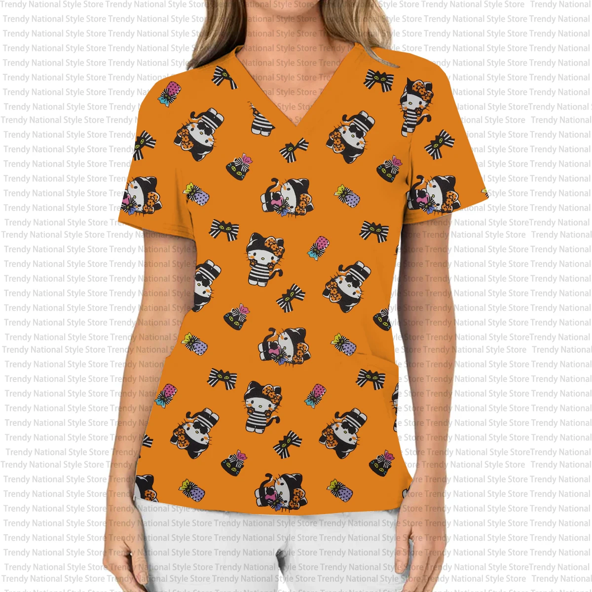 

Летняя женская униформа медсестры для спа-салона с принтом на Хэллоуин Hello Kitty, скраб для кормления, топ для зоомагазина, аксессуары для кормления, топ