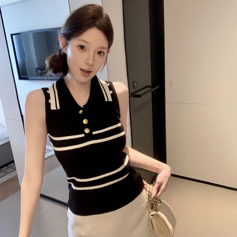

Korean Striped Knitted Vest Women Retro Versatile Lapel Sleeveless Slim Knit Top