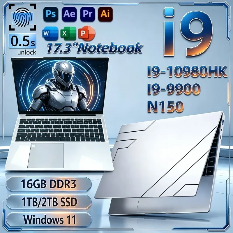 New Premium 17.3 Inch Study Laptop,2026 Hot Intel I9‑10980HK/I9‑9900/N150 16GB 32GB 2TB SSD Win11 FHD Portable Gaming Notebook