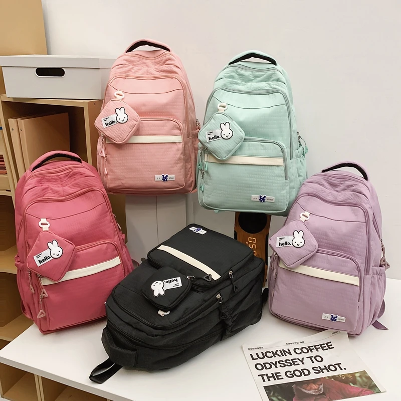 Grande capacidade multi bolso saco de escola de nylon impermeável, mochila simples, sacos de cor sólida para meninas e meninos, venda quente, 2024