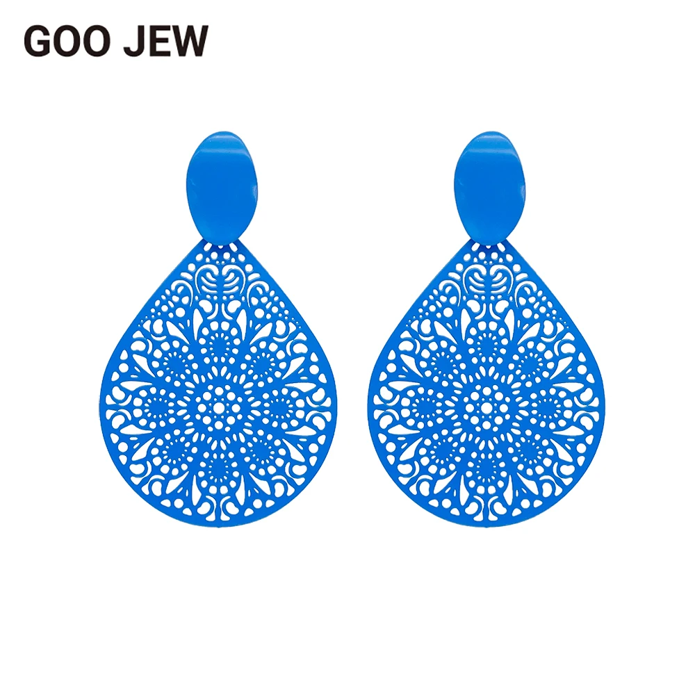 GOO JEW Exquisite Hollow Teardrop Filigree Stud Earrings Colorful Easy Matching Earrings for Women Fashion