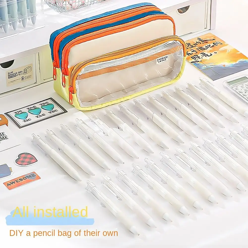 4 Layers Pencil Case Large Capacity Color Stitching DIY Badge Pen Bag Transparent Window Multi-functional