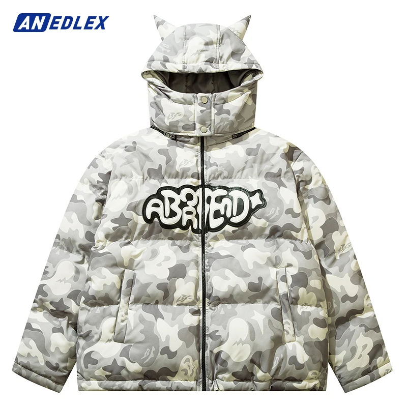 2022 Men Parka Jacket Hip Hop Streetwear Little Devil Designer Hood Padded Jacket Coat Harajuku Winter Cotton Thick Warm Outwear