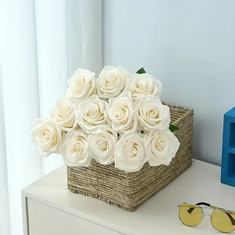 Rosas artificiales blancas para decoración de boda, ramo de rosas falsas de rama larga para el Día de San Valentín, hogar y novia, lote de 12