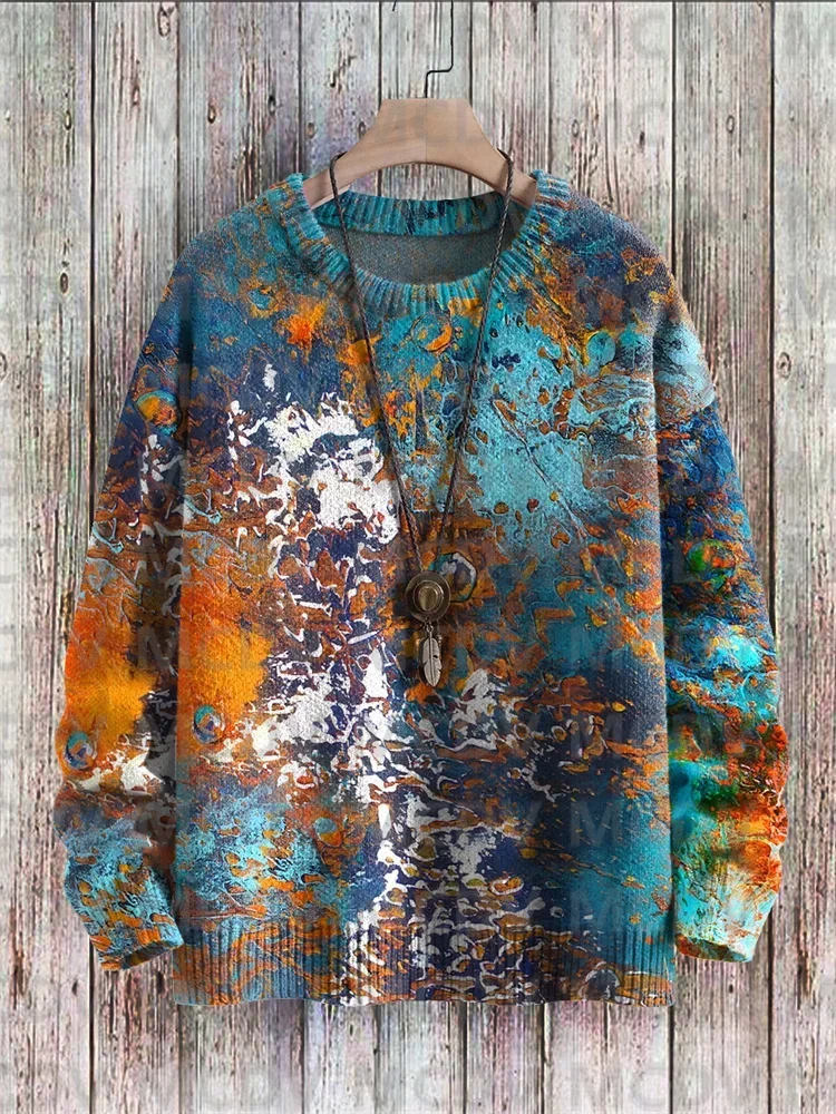 Retro Art Casual Multicolor Print Knit Pullover Sweater Men's For Women's Pullover