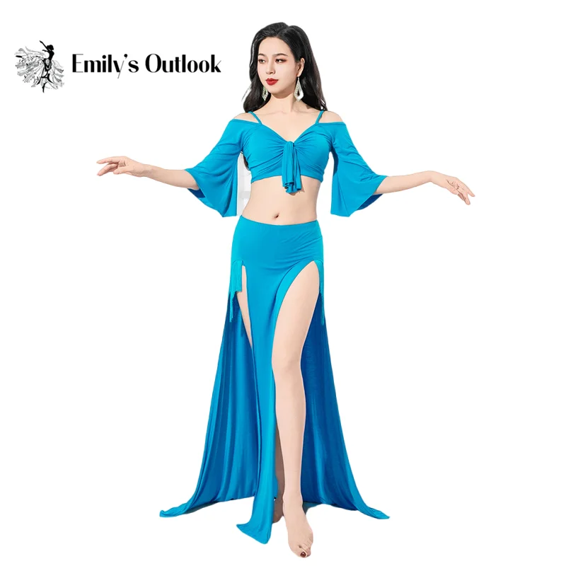 

Professional Bellydance Costume Women 2 Piece Oriental Dancer Outfit Short Ruffle Sleeve Side Slit Long Skirt Caderines Adults