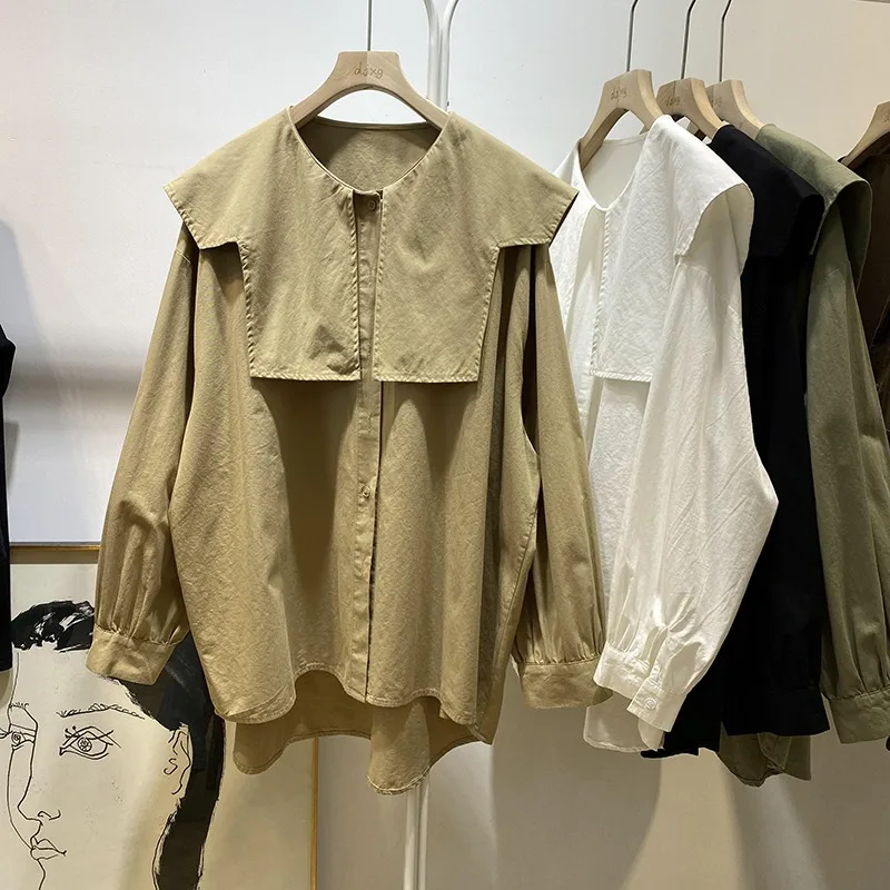 Csa Fena Solta com Gola ande, Estilo Coreano Moderno, Manga Longa, Aboa, Casual e Doce, Coleção Primavera