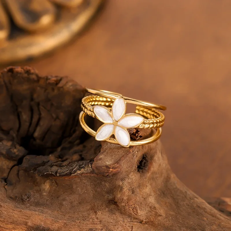 Women Sweet Enamel Flower Ring Minimal Luxury Niche Fashion Stainless Steel Adjustable Open Band, No Tarnish