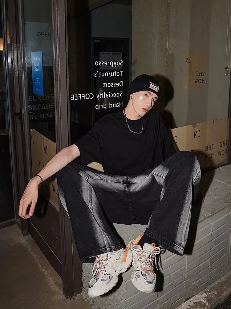 

Black Loose Straight Leg Men's Jeans Trendy Street Style Retro Casual Cool Long Leggings Autumn Season Teenage Casual Fashion