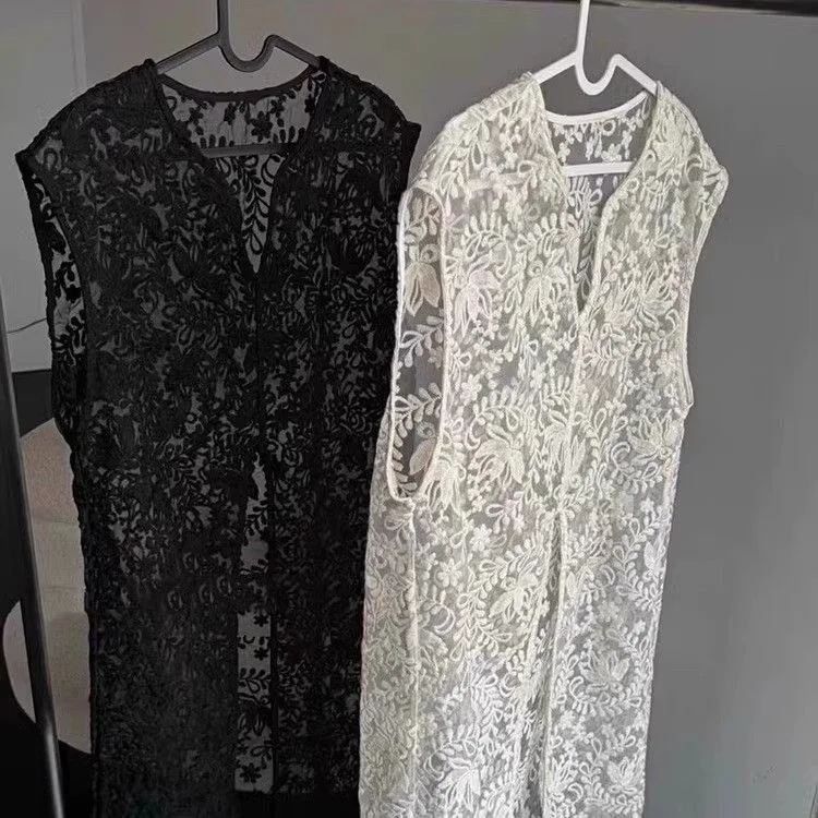 فستان صيفي بدون أكمام من الدانتيل الأورجانزا الشفاف بفتحة عالية للنساء بيج وأسود شفاف فستان ميدي أنيق بدون أكمام بوهو