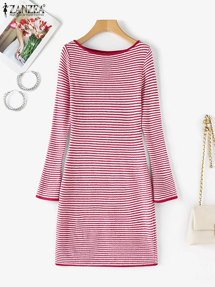 

ZANZEA Autumn Women Striped Sweaters Dress 2025 Long Sleeve Sweater Elegant Casual Knit Mini Vestidos Long Pullovers Streetwear