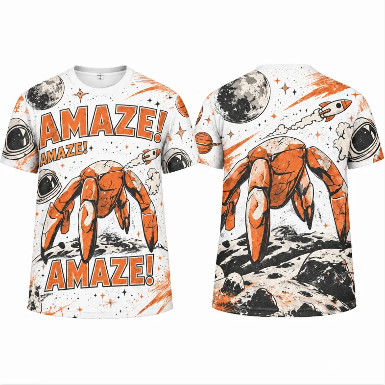 Vintage Sci-fi Space Alien Crab All Over Print T-shirt Unisex Men Women Retro Rocket Planet Graphic Tee Casual Streetwear
