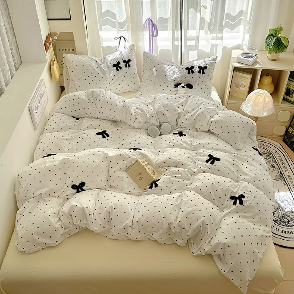 Bow Polka Dots Duvet Cover 4pcs Bedding Set Girly White Quilt Cover Polyester Comforter Cover 1 Flat Sheet with 2 Pillowcases