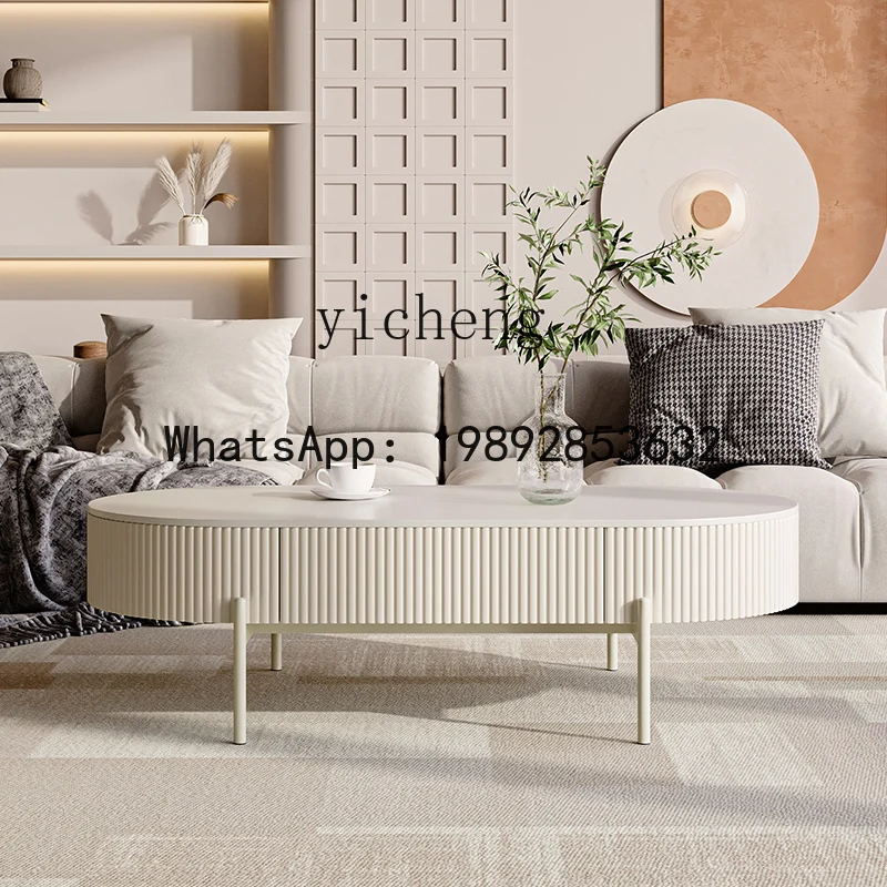 

X6 French Style Home Living Room Oval Rock Slab Coffee Table with Drawer Light Luxury Coffee Table