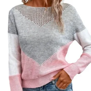 Sweater Autumn and Winter Contrasting Round Neck Pullover Splicing Hollow Out Slim Fit Long Sleeved Thin Knit Top for Women