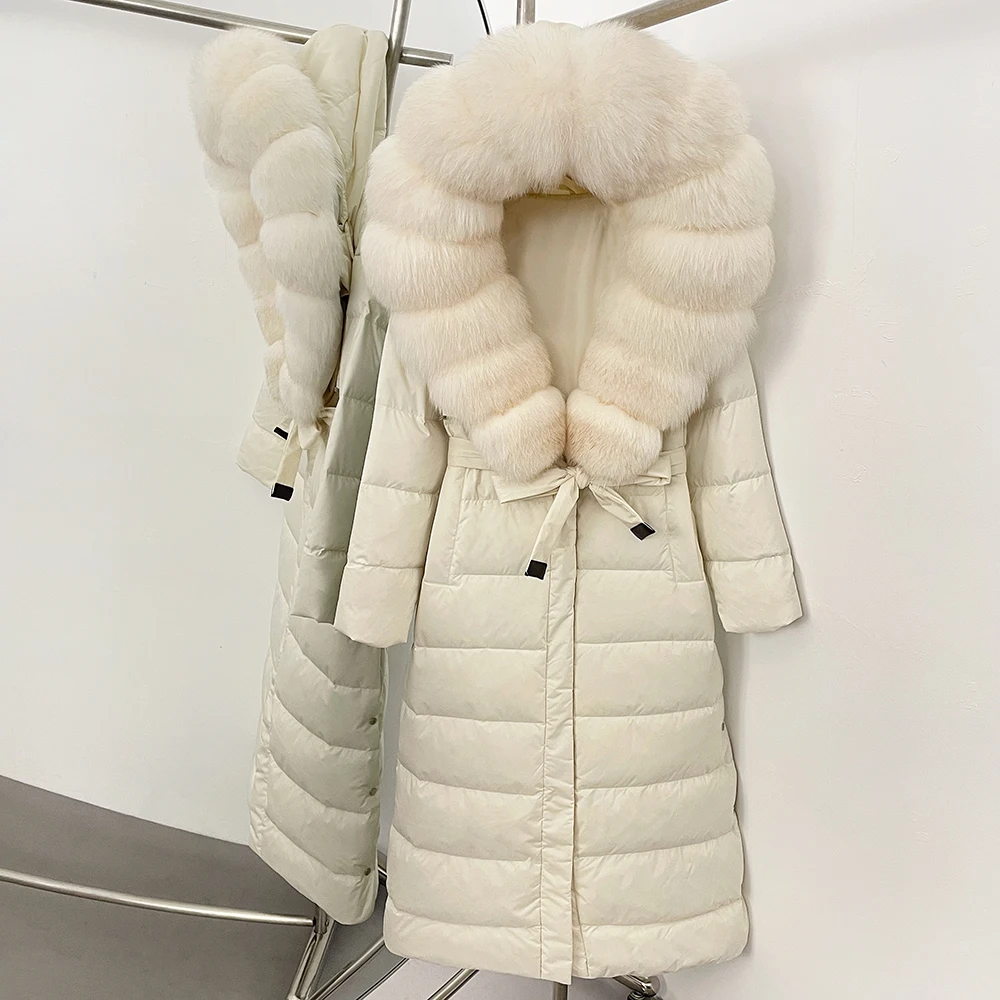 MENINA Large Real Fox Fur Collar X-Long Puffer Jacket Women Hooded Winter White Duck Down Coat Thick Female Parkas with Belt
