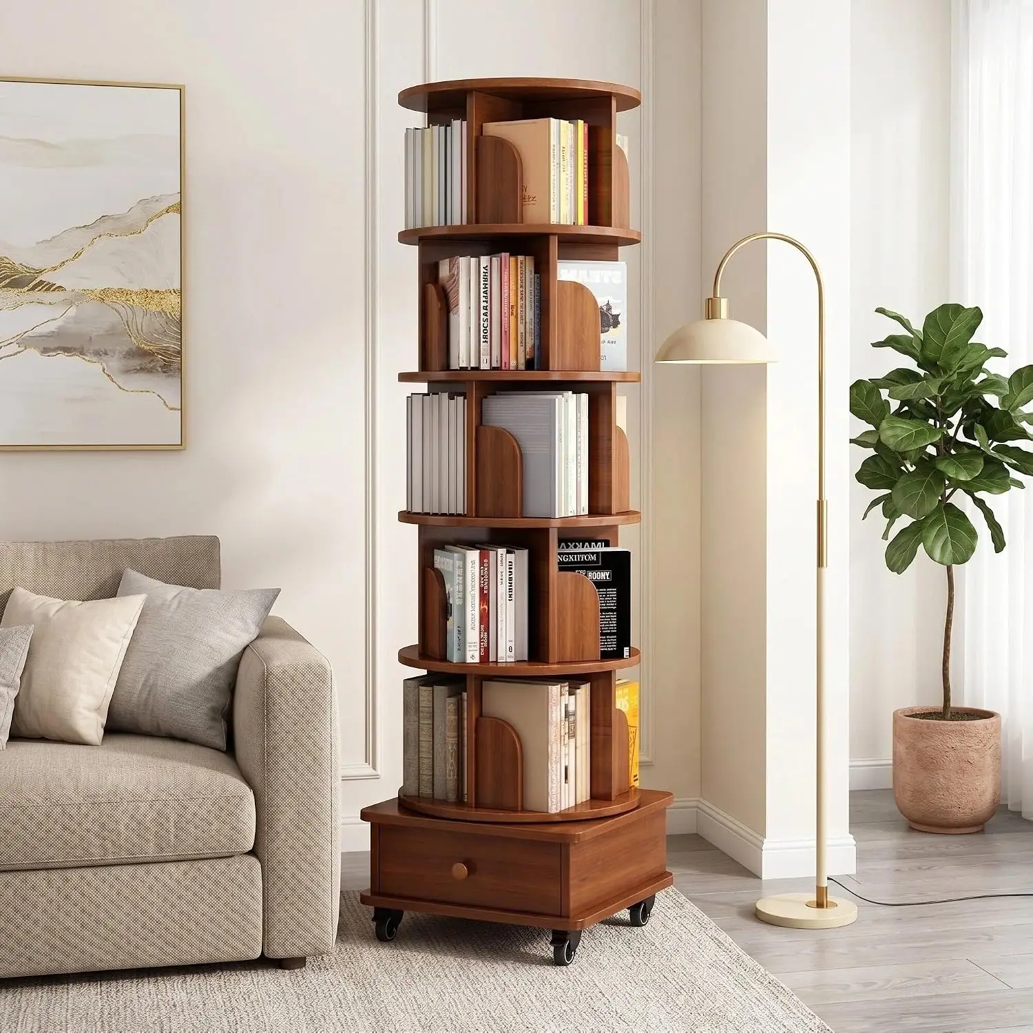 6-Tier Rotating Bookshelf Storage Cabinet Walnut Wood 360° Spin Lockable Wheel Adjustable Shelf Bedroom Living Room, Customized