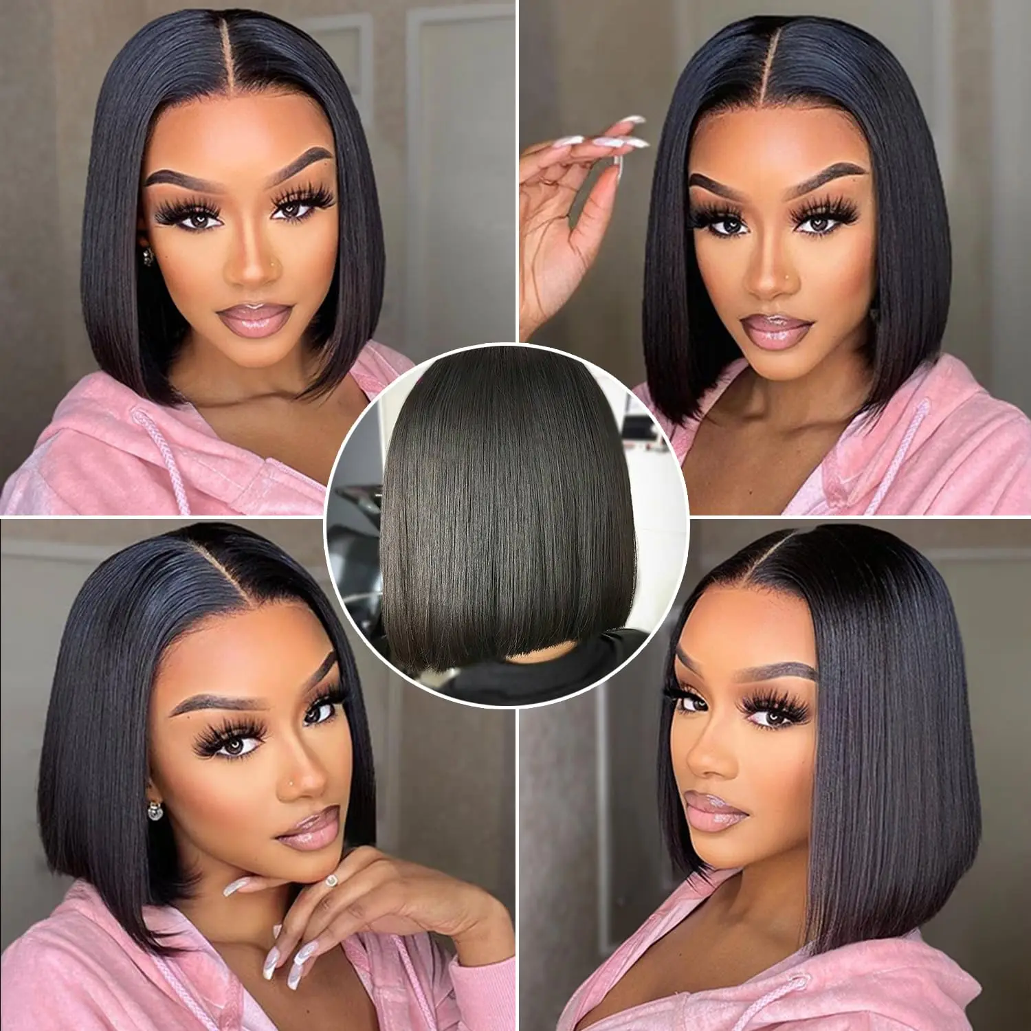 Perruque Bob Lace Front Wig Remy Naturelle avec Frange, Cheveux Lisses, 13x4, Dentelle Transparente, Partie Centrale, Latérale, Entièrement Fabriquée à la Machine