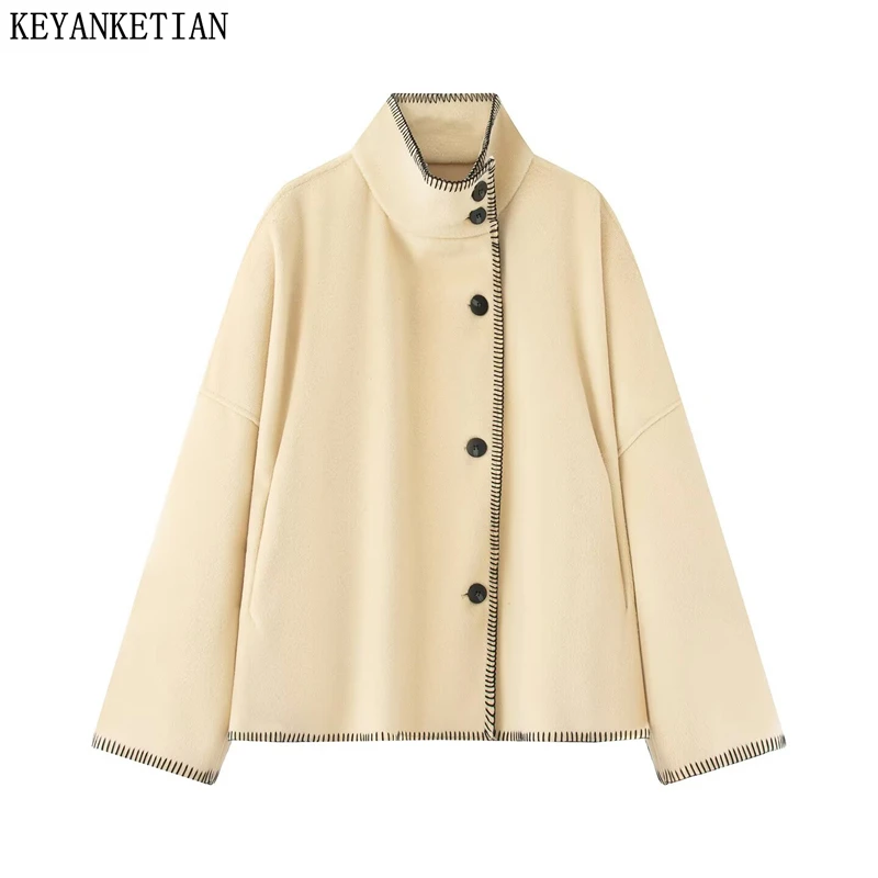 

KEYANKETIAN Autumn And Winter New Women's High Necked Single Breasted Decorative Woolen Coat With Visible Thread, Women Coat