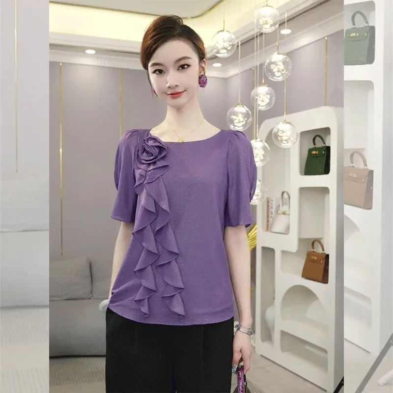

Женская блузка с коротким рукавом, фиолетовая, с рюшами, аппликацией в виде роз, круглым вырезом, блестящая, повседневная