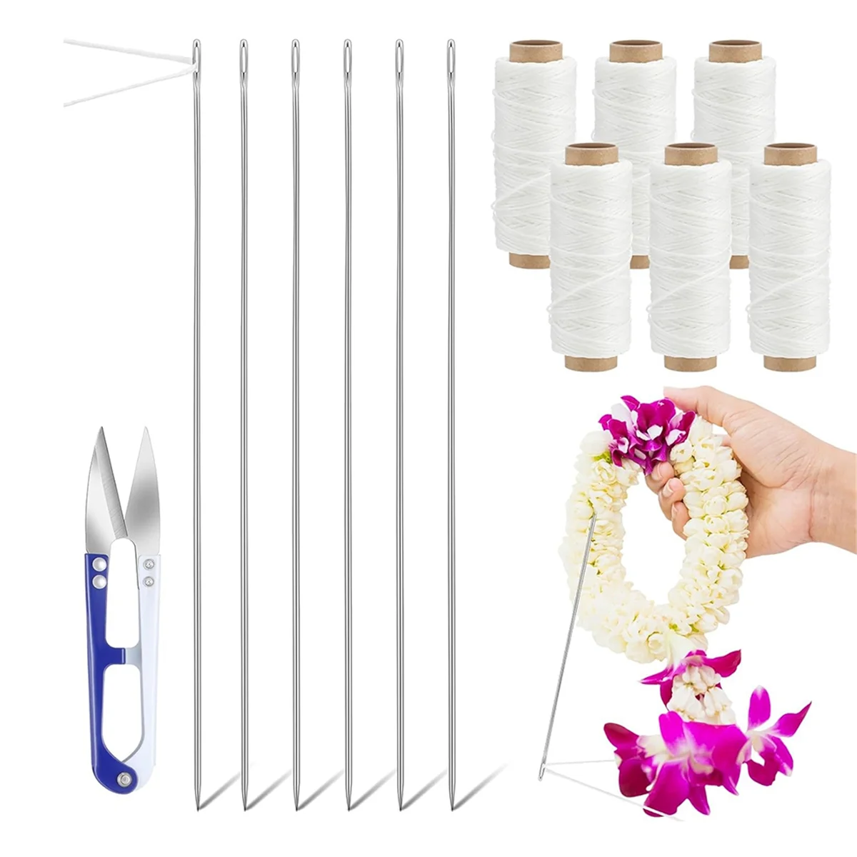 A002 13 Pcs Lei Needle Kit Include 6 Pcs Stainless Steel Long Needle 6 Twine 1 Sewing Scissors for DIY Marigold Garland