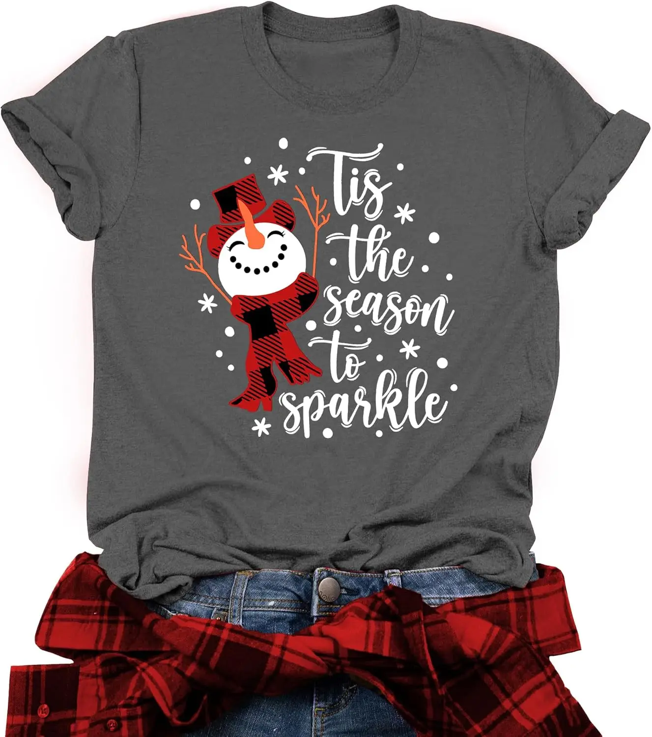 Christmas Snowman Shirt for Women Tis The Season to Sparkle Xmas T-Shirts Graphic Plaid Holiday Blouse Tops Gray