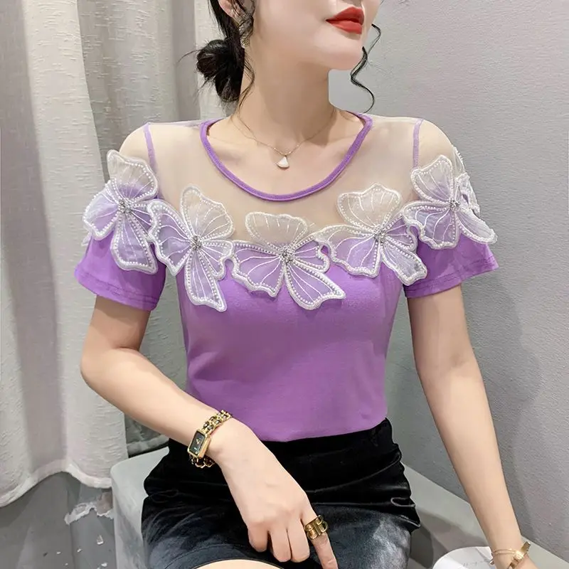 Mesh Mosaic Diamond-Encrusted Flowers Short-Sleeved T-Shirt Ladies Summer 2024 New Unique Chic High-Grade Top Comfortable Shirt