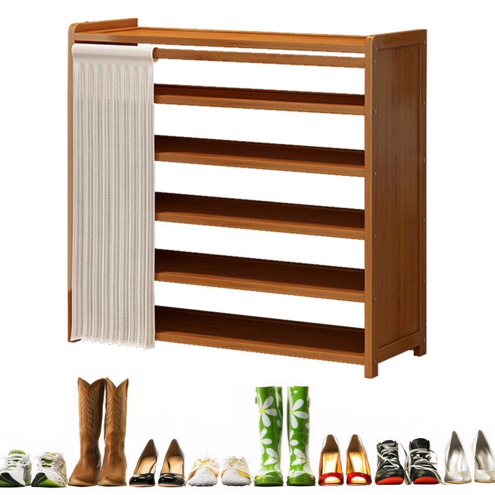 

6-ярусный простой шкаф для обуви с белой сетчатой занавеской, деревянные многоярусные полки для обуви для прихожей, гостиной, коридора, входной зоны