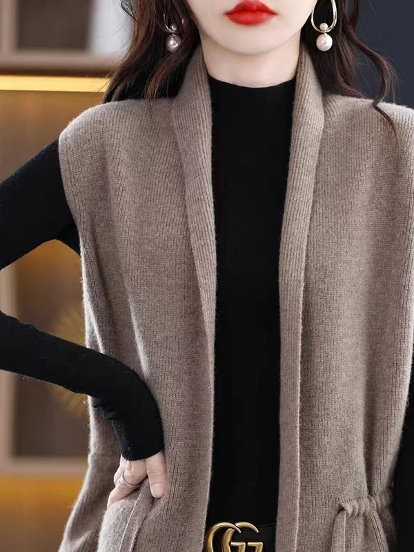 

Ele Lightweight Woolen Knitted Open Cardigan with Dstring Women's V-Ne Svel Vest for Outerwear Versatile oul...