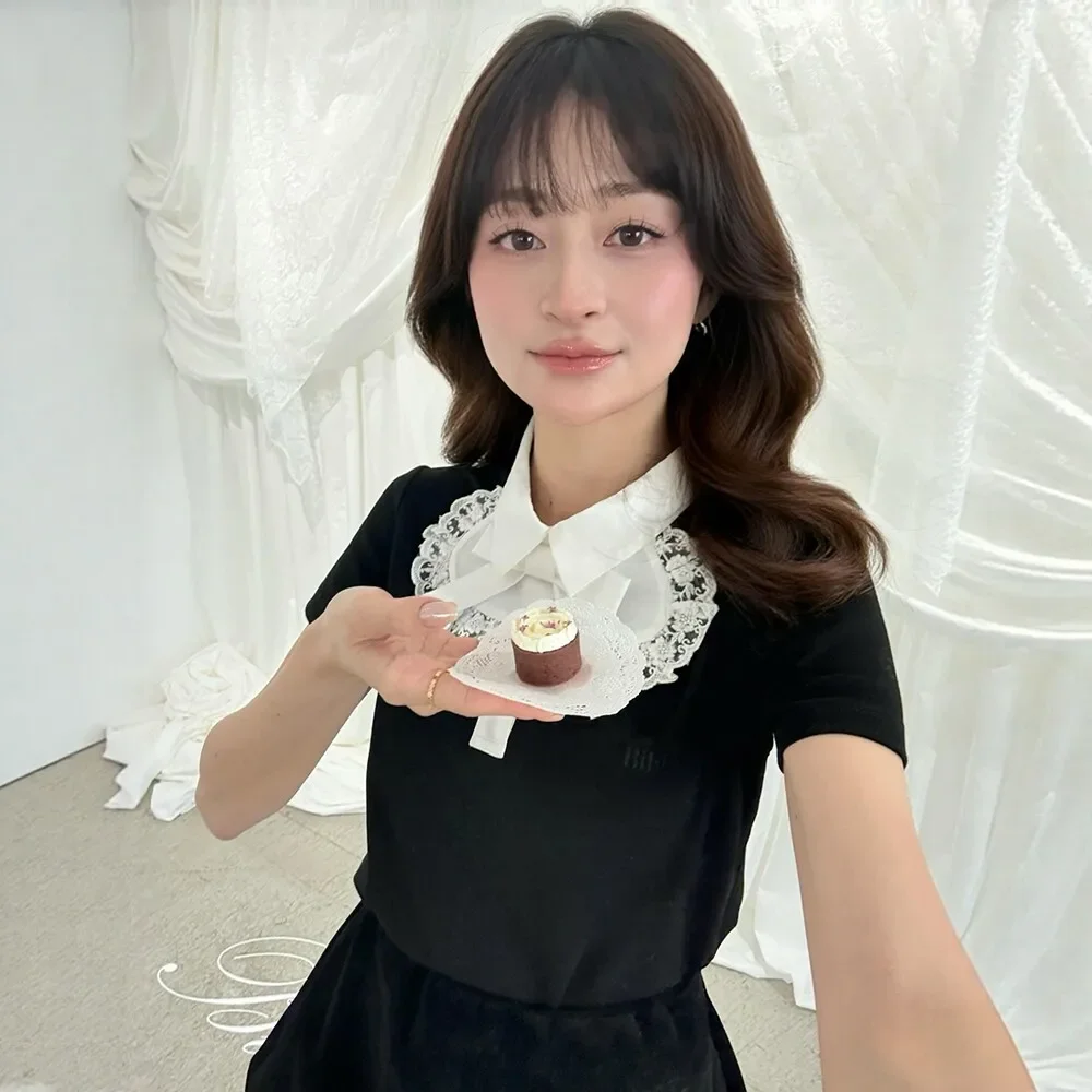 IMU 2026 Summer New Women's T-shirt Japanese Sweet Fashion Lace Stitching Cute T-shirt Women's Short-sleeved Commuter Casual Top