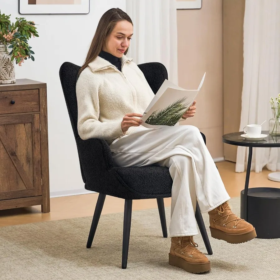 Meubilair Boucle Accent Stoel voor Woonkamer Gestoffeerde Leesstoel met Hoge Rugleuning Getufte Knop Wingback Fauteuil fo
