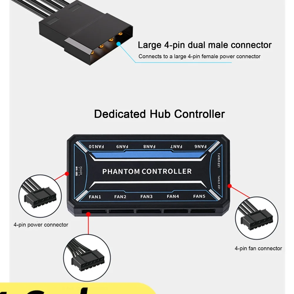ARGB 6-pin Fan Hub 10-Port Controller PC Fan Splitter w/ Remote Control for Computer Case Fans LED Light Bar Fan Hub Controller
