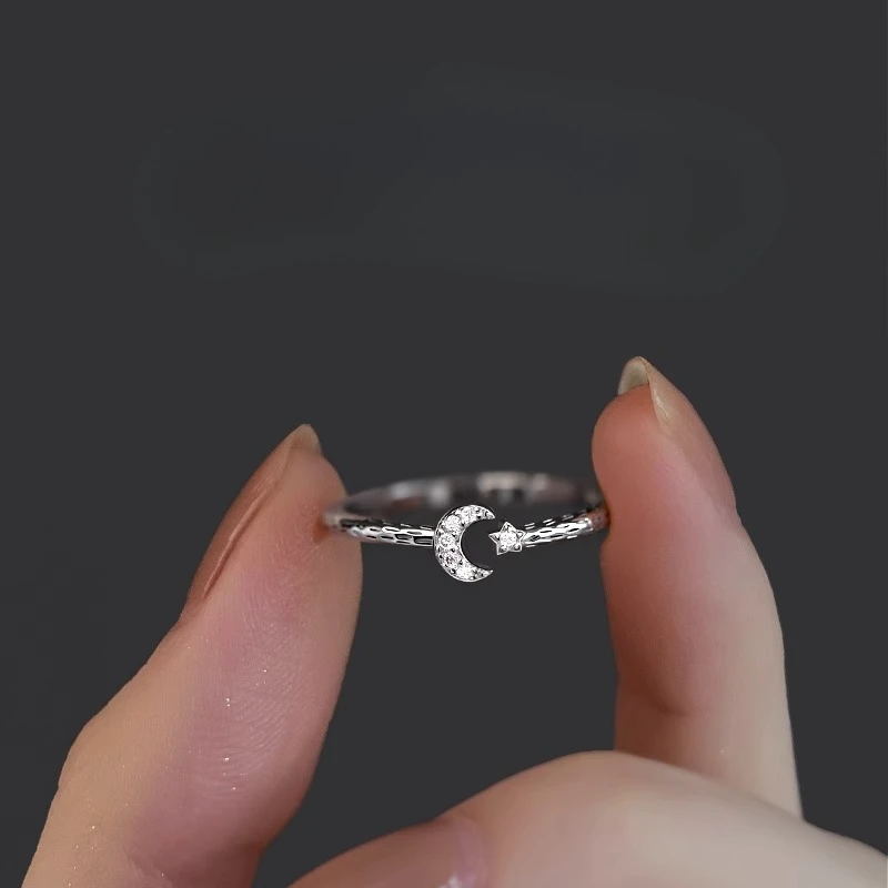 Luxury 925 Sterling Silver Inlaid Tiny Zircon Adjustable Star Moon Ring for Woman Girl  Jewelry Accessories Valentine's Day Gift