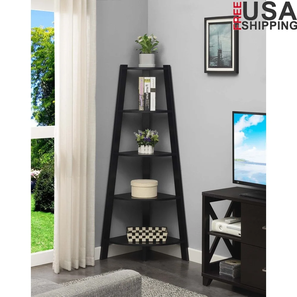 

5 Tier Wide Corner Bookcase Storage Unit MDF Particleboard Melamine Veneer Contemporary Black Shelves Home Office Family Room