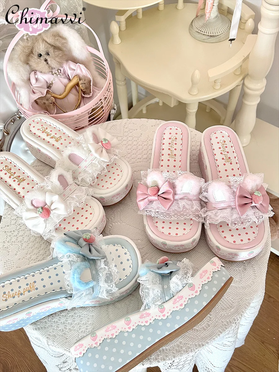 

Lolita Thick-Soled Sweet Strawberry Bunny Ear Sandals Slippers New 2025 Cute Girl Lace Princess Kawaii House Slippers Women