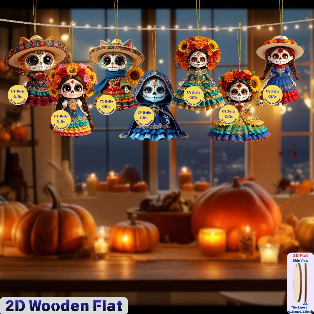 2D Flache Holz-Süßigkeiten-Totenkopf-Hängeornamente für Halloween, Tag der Toten, Weihnachten, Schulanfang, Zuhause, Büro, Klassenzimmer, Auto, Schlüsselanhänger – Detail 2