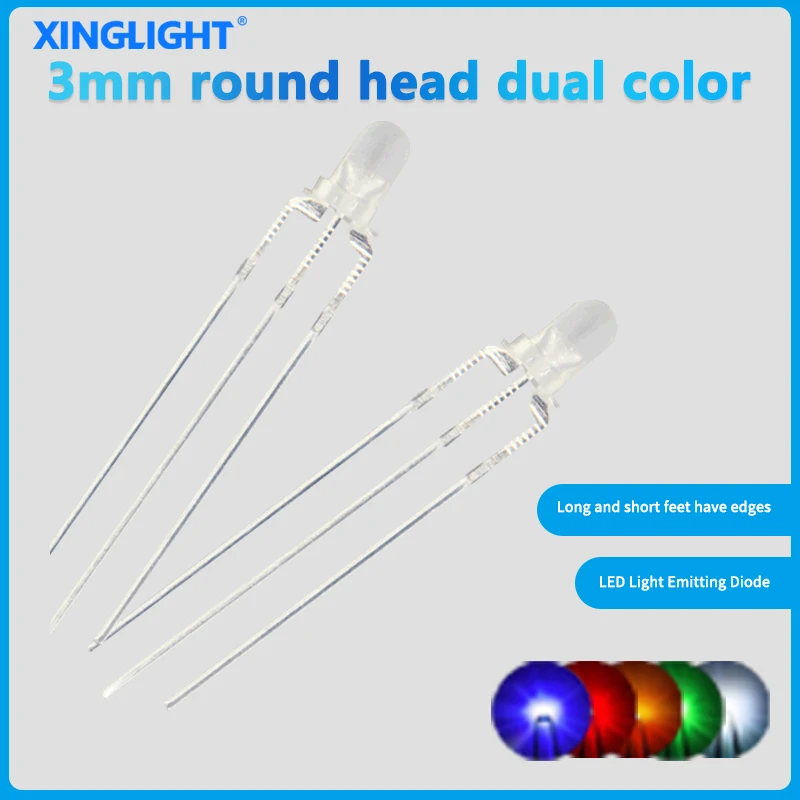 100 Uds F3/3mm cabeza redonda cuentas led antiniebla de doble color con tres pines diodo emisor de luz DIP rojo azul