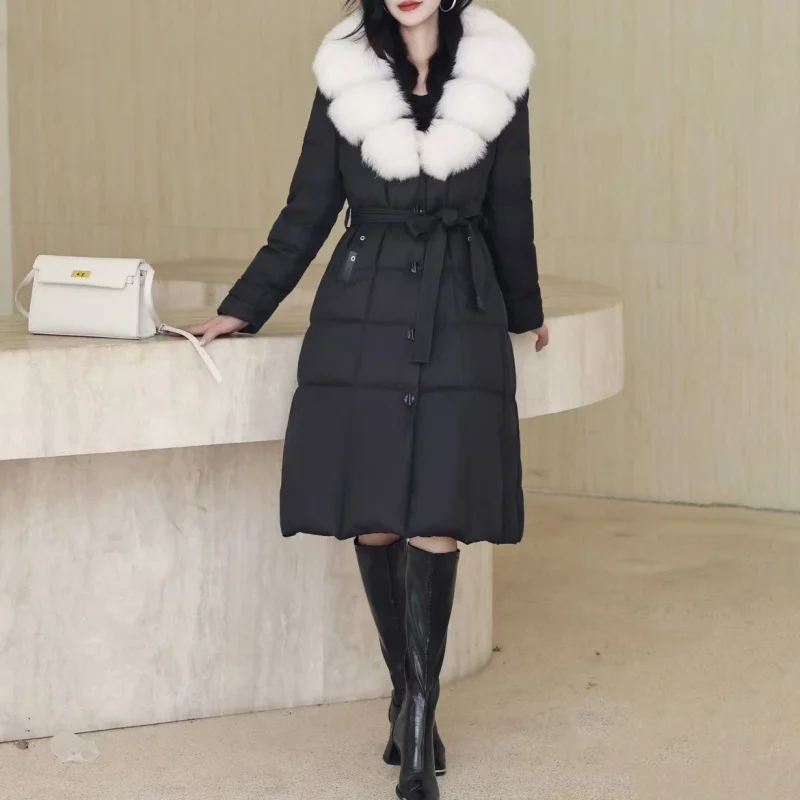 شتاء جديد وصول المرأة سميكة الأبيض أوزة أسفل سترة منفوخة Y2K جودة عالية الثعلب الفراء طوق منتصف طول معطف دافئ