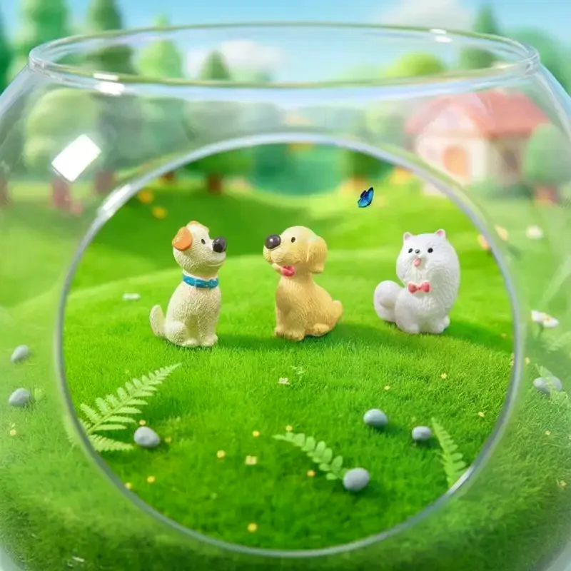 4PCS Cute Golden Retriever & Pomeranian Puppy Miniatures - DIY Terrarium Ornament & Keychain Decor For Micro Landscape