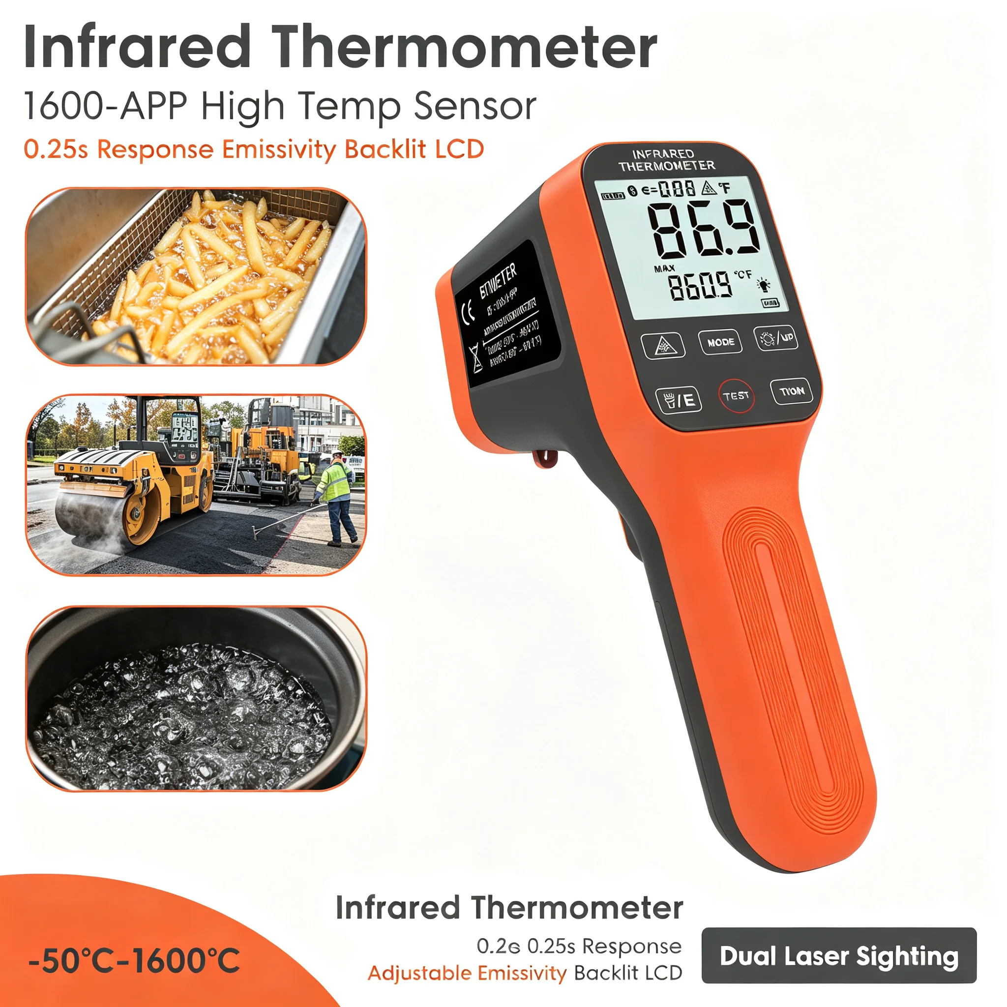 Infrared Thermometer -50~1600℃ Rechargeable Digital Laser Temp Gun with APP Control