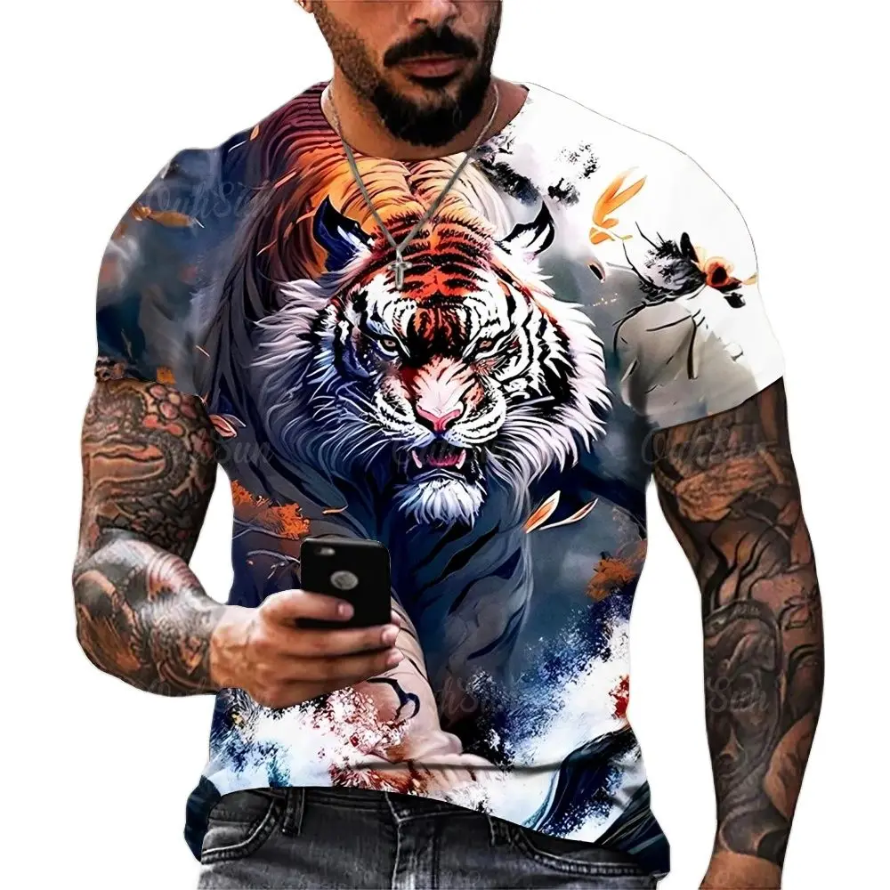 Tier Tiger Print Sommer Herren T-Shirts atmungsaktive Polyester O-Ausschnitt lose Kurzarm Tops lässig T-Shirt Herren Kleidung 3xl