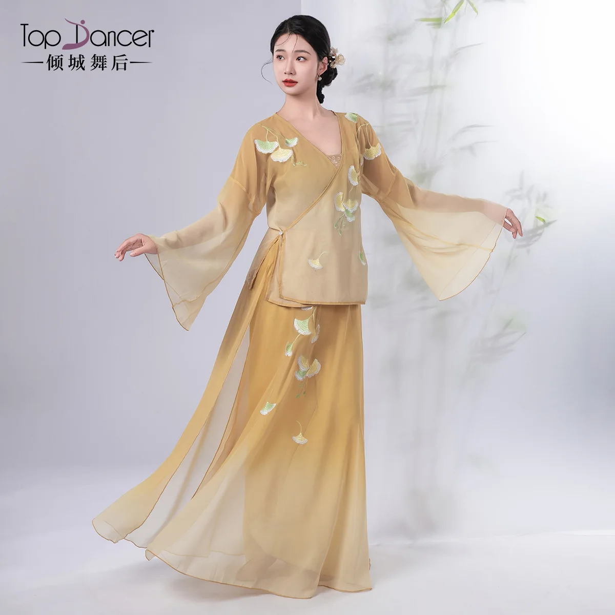 여성용 클래식 댄스 의상 그라데이션 플로잉 자수 바디 라임 거즈 드레스 신중국 스타일 연습복